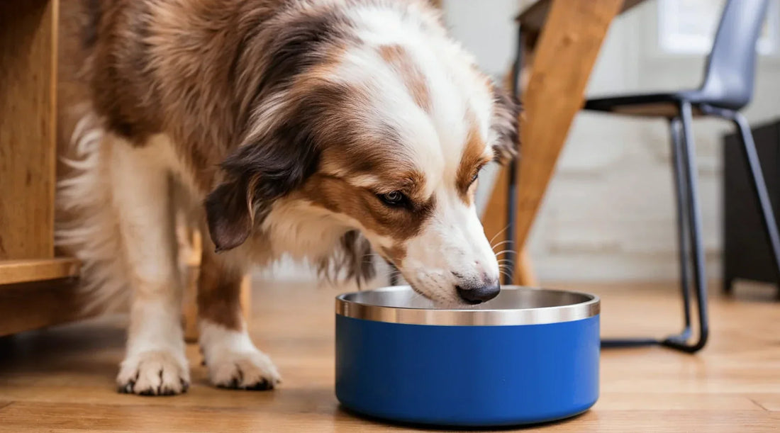 Professional dog trainer with adventure dog on hiking trail showcasing mess-free feeding gear