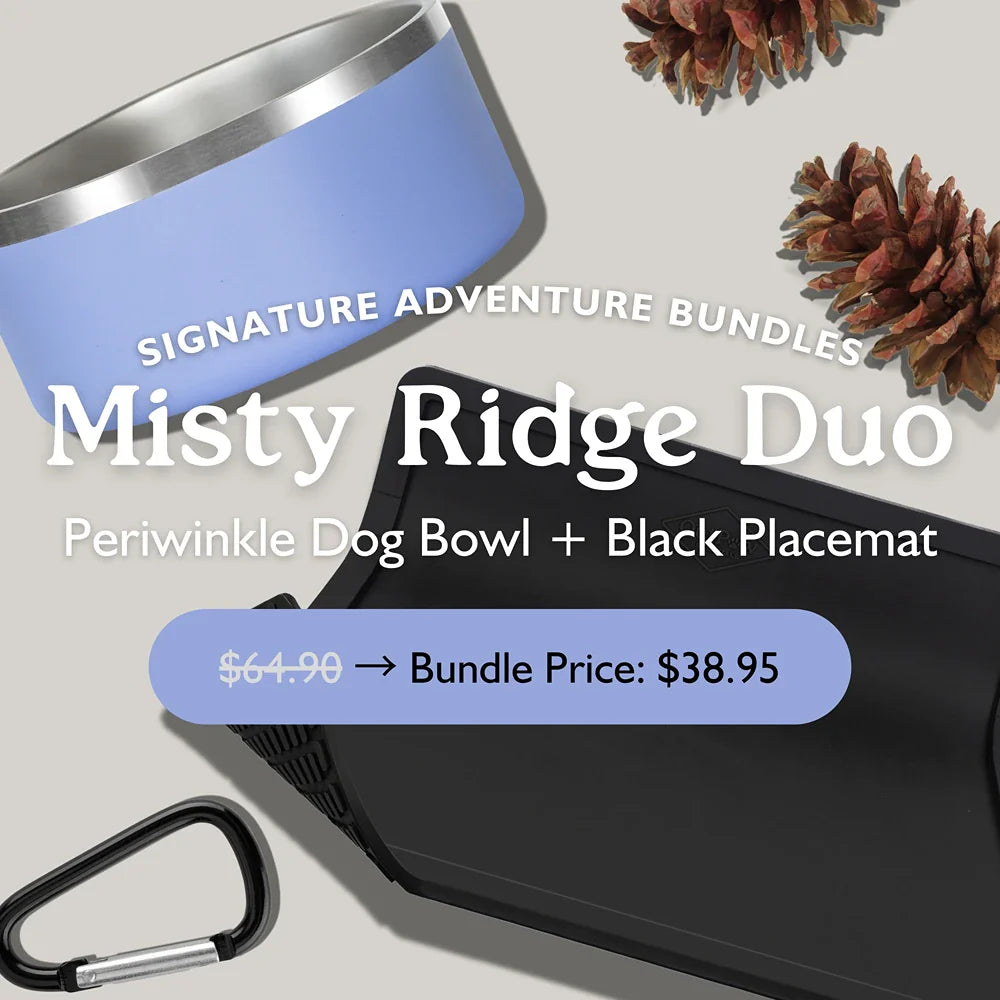 Promotional image showing a blue dog bowl, black placemat, compass, rope, and pine branch. Text advertises "Glacier Run Kit" bundle for $38.95, with 40% off while supplies last.