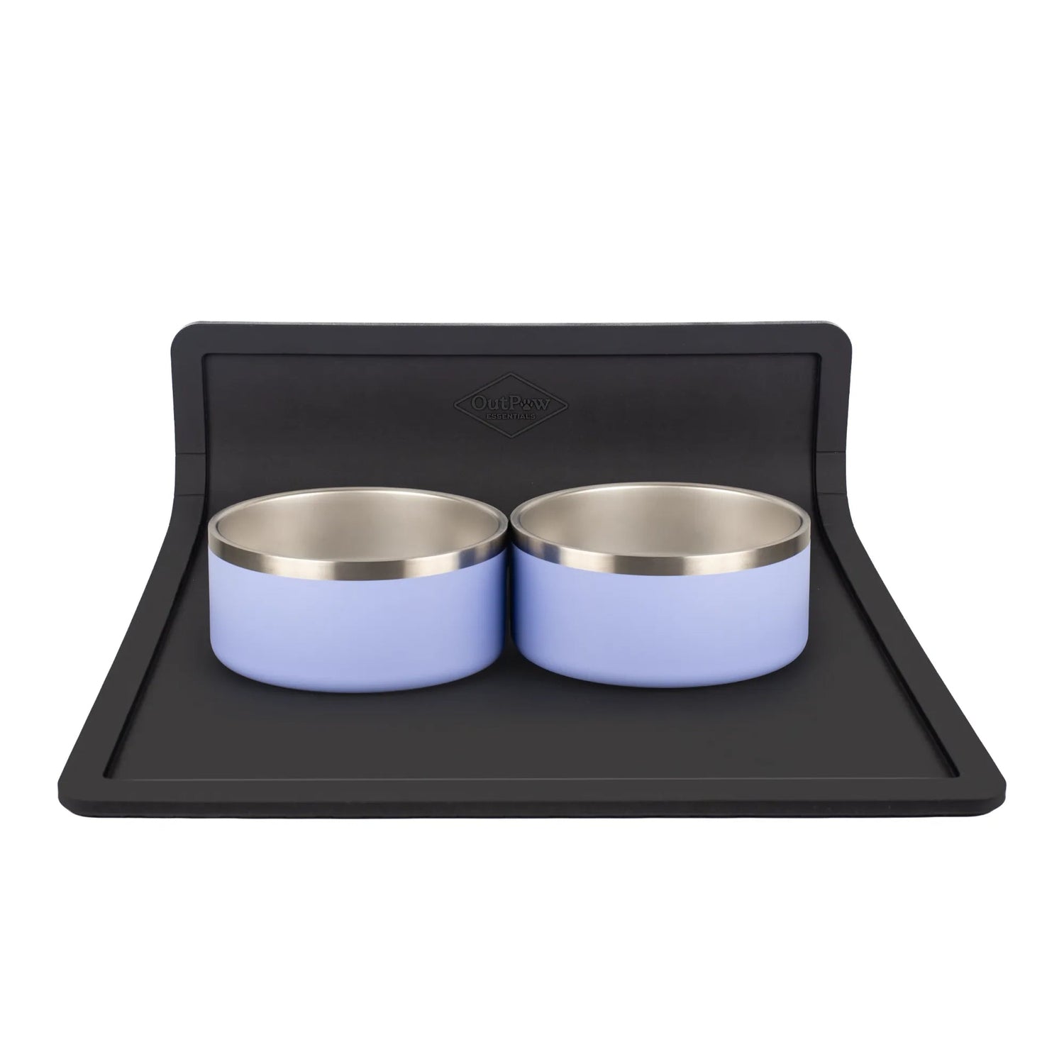 Two stainless steel pet bowls with light blue exteriors are placed side by side on a black non-slip silicone mat with raised edges.