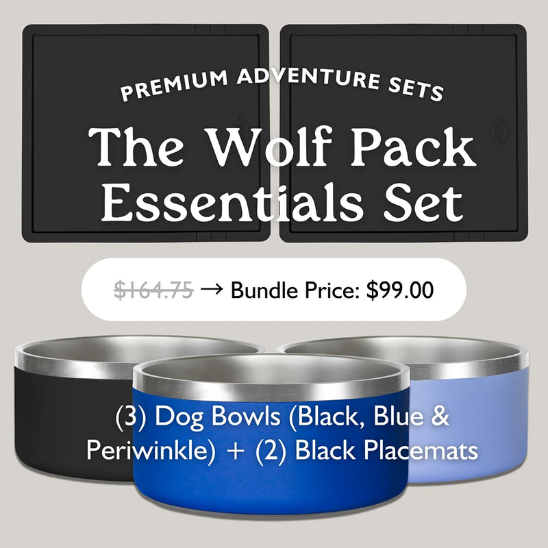 Wolf Pack Essentials Set: Blue, Black, and Periwinkle 64oz stainless steel dog bowls with two black non-slip placemats