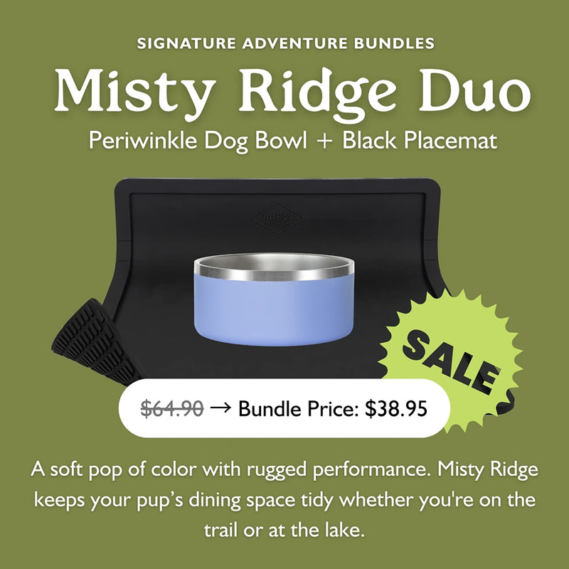Misty Ridge Duo shown on mountain trail with periwinkle bowl and black placemat