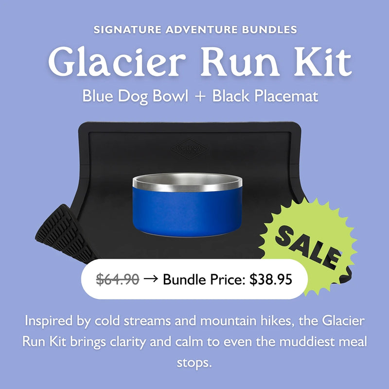 Glacier Run Kit used outdoors showing blue bowl and black placemat on rocky trail