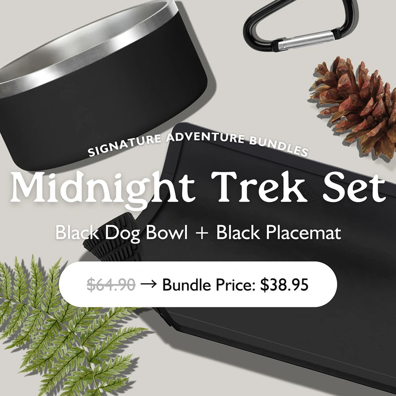 Midnight Trek Set with matte black 64oz stainless steel dog bowl and black non-slip placemat