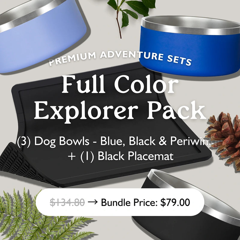Full Color Explorer Pack with blue, black, and periwinkle 64oz stainless steel dog bowls and one black placemat