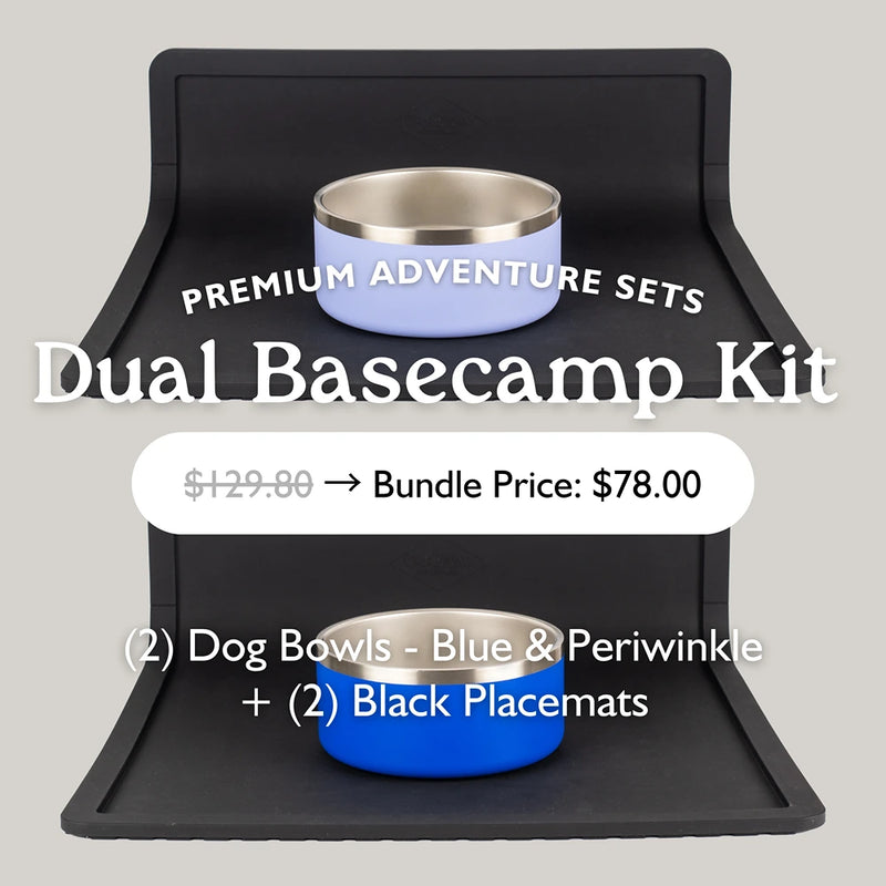 Dual Basecamp Kit with blue and periwinkle 64oz stainless steel dog bowls and two black placemats