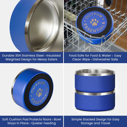 Four images of the OutPaw Stainless Steel Metal Dog Bowl 64oz - Blue with text: Food safe, durable stainless steel, cushion pad, and stackable design.