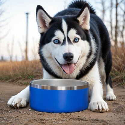 A Siberian Husky with captivating blue eyes stands outside, looking at the camera with its front paws on an OutPaw Stainless Steel Metal Dog Bowl 64oz - Blue.