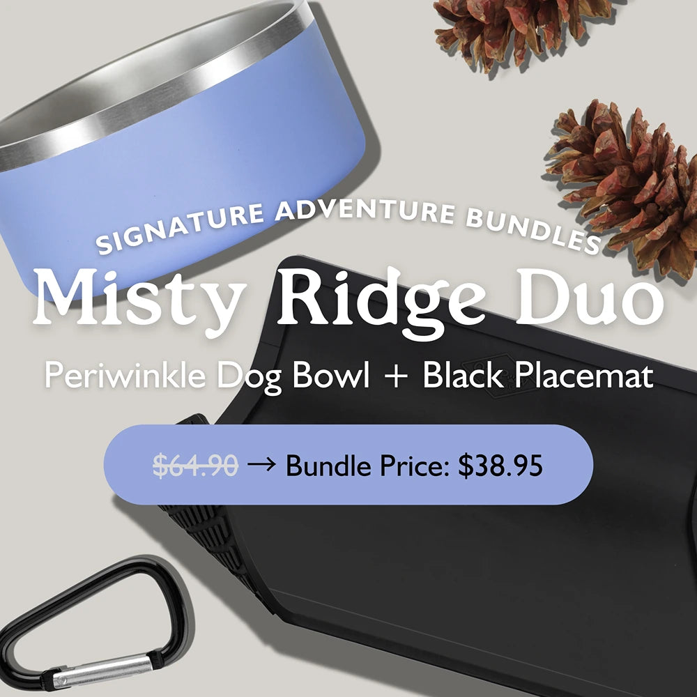 The OutPaw Misty Ridge Duo includes a Periwinkle Stainless Steel Dog Bowl and Black Non-Slip Placemat, plus a carabiner clip and pine cones—displayed with bundle pricing and offer details.