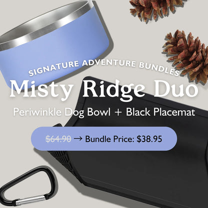 The OutPaw Misty Ridge Duo includes a Periwinkle Stainless Steel Dog Bowl and Black Non-Slip Placemat, plus a carabiner clip and pine cones—displayed with bundle pricing and offer details.
