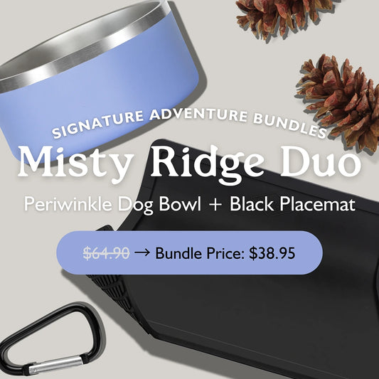 The OutPaw Misty Ridge Duo includes a Periwinkle Stainless Steel Dog Bowl and Black Non-Slip Placemat, plus a carabiner clip and pine cones—displayed with bundle pricing and offer details.