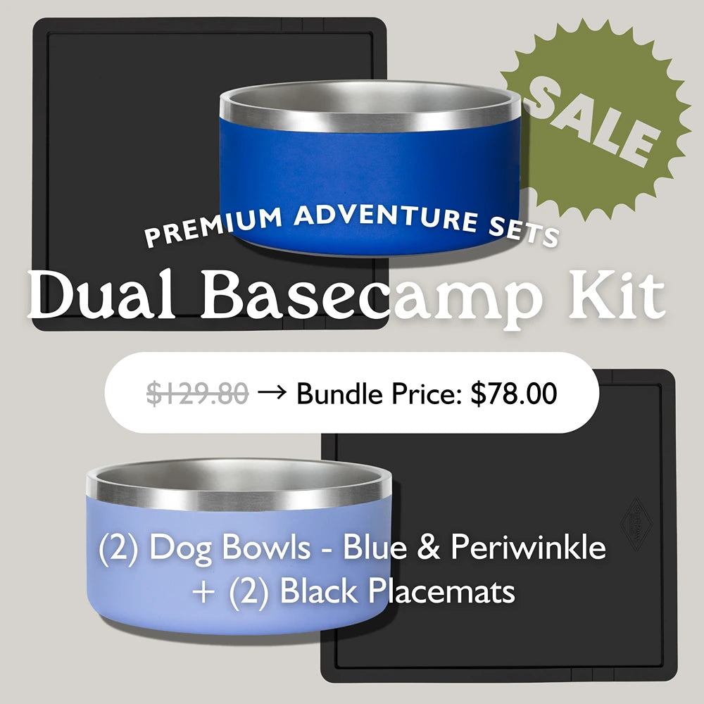 OutPaw Dual Basecamp Kit—includes blue & periwinkle dog bowls plus 2 black placemats—now $78 (was $129.80).