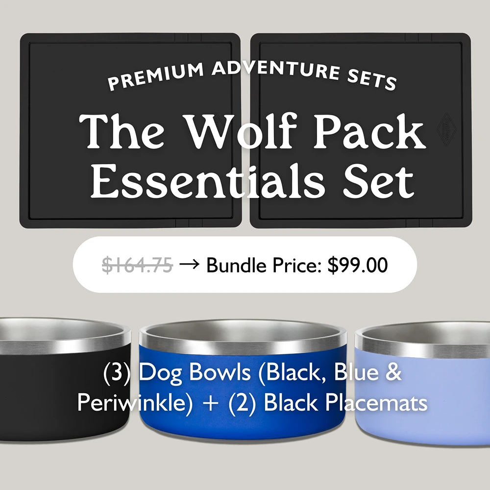 The OutPaw Wolf Pack Essentials Set includes blue, black, and periwinkle bowls plus 2 non-slip placemats. Perfect travel pet set. Bundle price $99 (orig. $164.75).