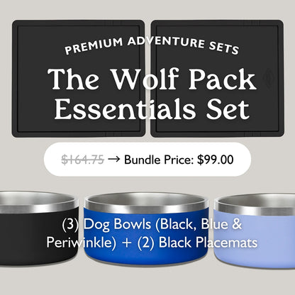The OutPaw Wolf Pack Essentials Set includes blue, black, and periwinkle bowls plus 2 non-slip placemats. Perfect travel pet set. Bundle price $99 (orig. $164.75).