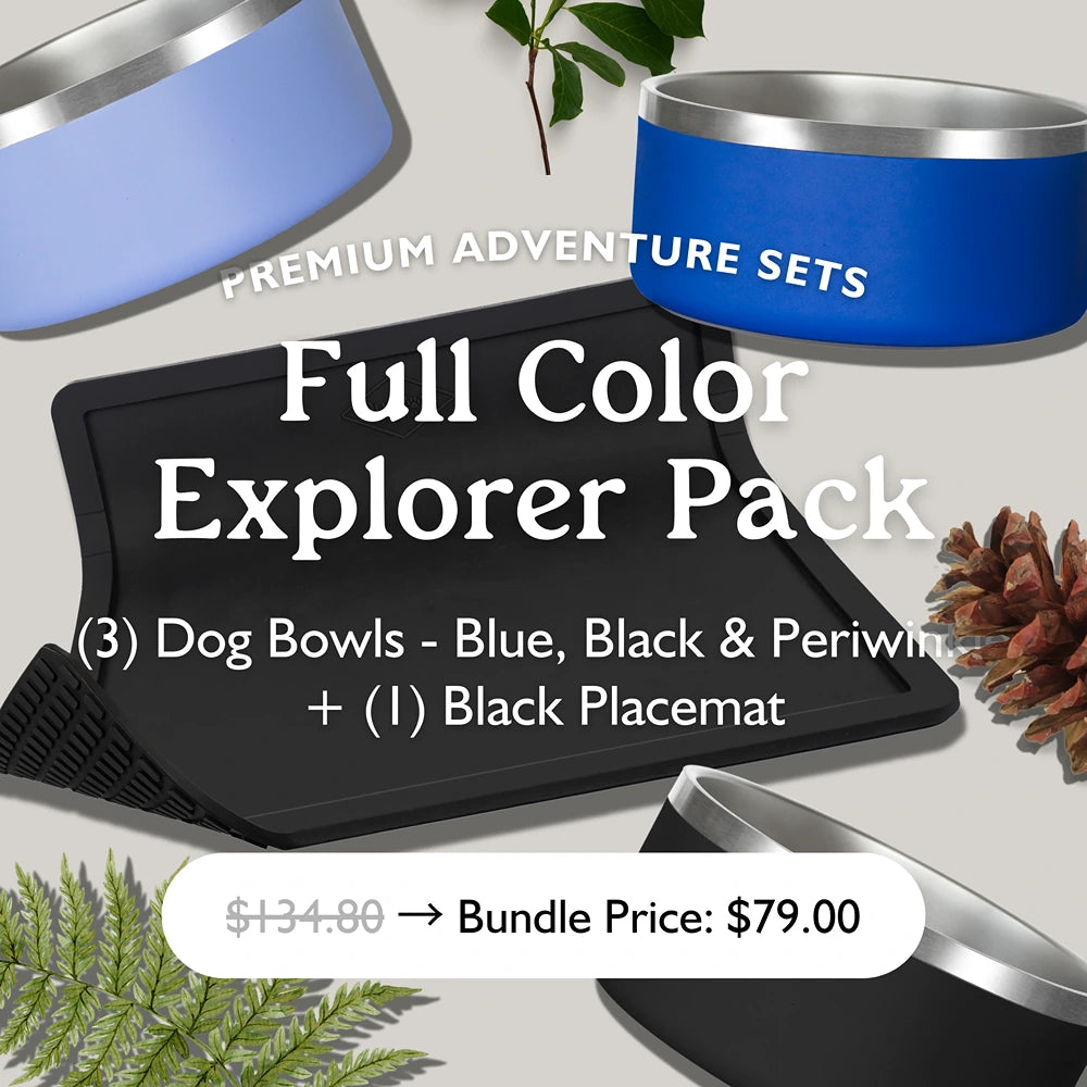 The OutPaw Full Color Explorer Pack includes blue, black, and periwinkle bowls plus one placemat. This limited-edition bundle is now $79.00 (regularly $134.80).