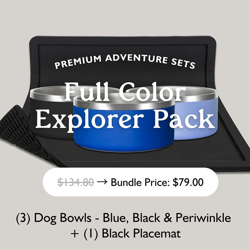Full Color Explorer Pack displayed on colorful trail setup with three bowls and placemat
