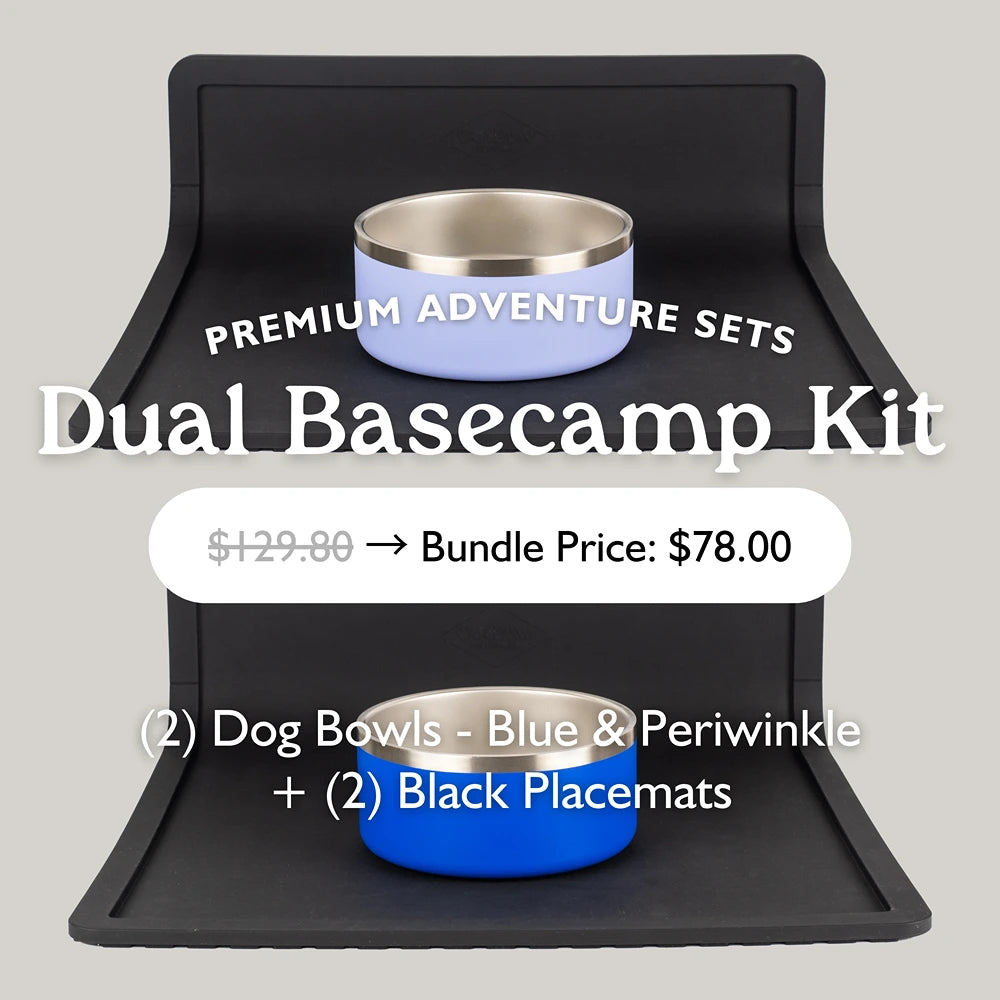 The OutPaw Dual Basecamp Kit includes blue and periwinkle stainless steel bowls plus two black non-slip placemats, with pricing details and a special bundle offer.