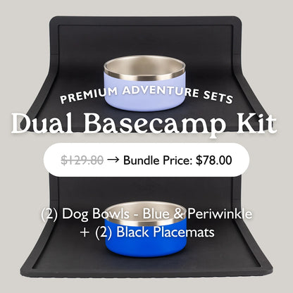 The OutPaw Dual Basecamp Kit includes blue and periwinkle stainless steel bowls plus two black non-slip placemats, with pricing details and a special bundle offer.