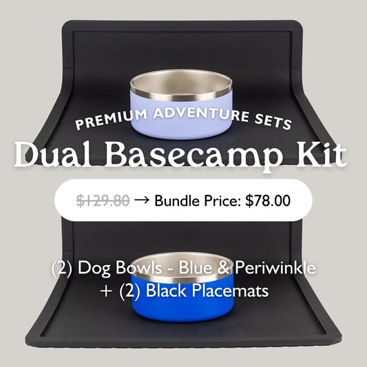 The OutPaw Dual Basecamp Kit includes blue and periwinkle stainless steel bowls plus two black non-slip placemats, with pricing details and a special bundle offer.